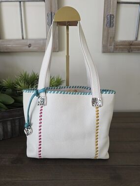 Brighton White Leather Tote Whipstitch Detail Floral Lining Heart Charm